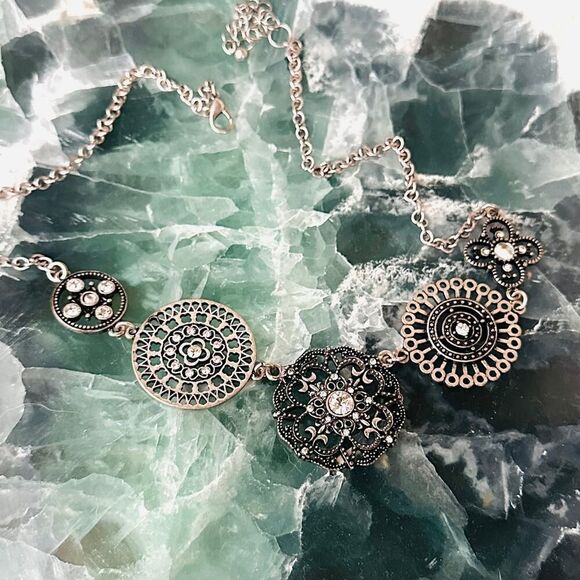 Vintage Silver-Tone Statement Necklace with Clear Rhinestones - Picture 2 of 4